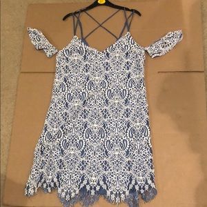 Blue & White Lace Off the Shoulder Mini Dress - L